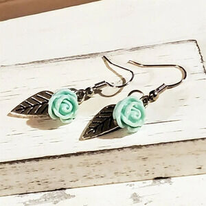 Handcrafted Antique Silver Leaf Light Aqua Blue Lucite Rose Dangle Earrings